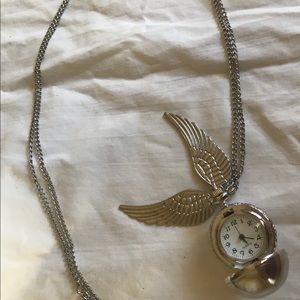 Silver tone golden snitch watch necklace